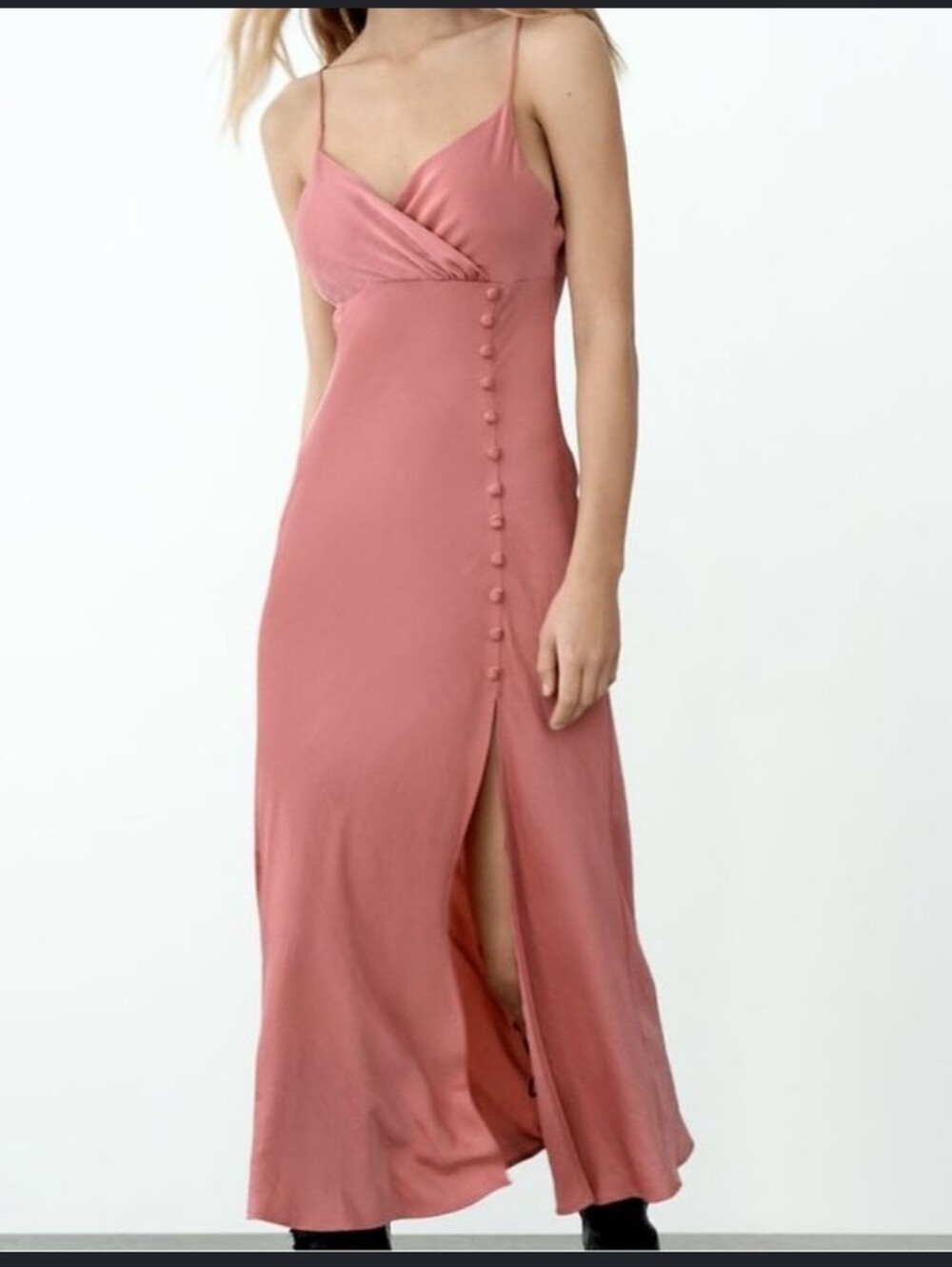 Zara Pink Button Detail Satin Midi/Maxi Dres